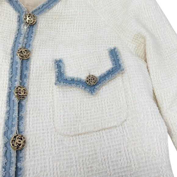 CHANEL Vintage 07P CC Logo Tweed Long Jacket Trim Denim #42 Blue White [106101] - Picture 11 of 14